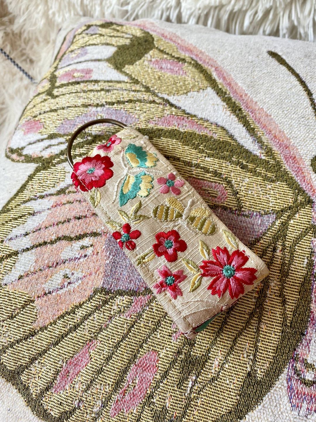 KeychainButterfly in Creme~ floral fabric keychain spring gift