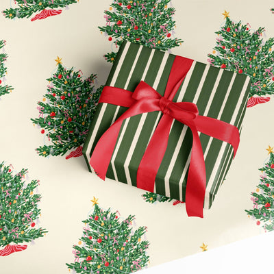 Gift Wrap RollChristmas Tree and Rustic Striped Double Sided Gift Wrap | Set of Three Sheets