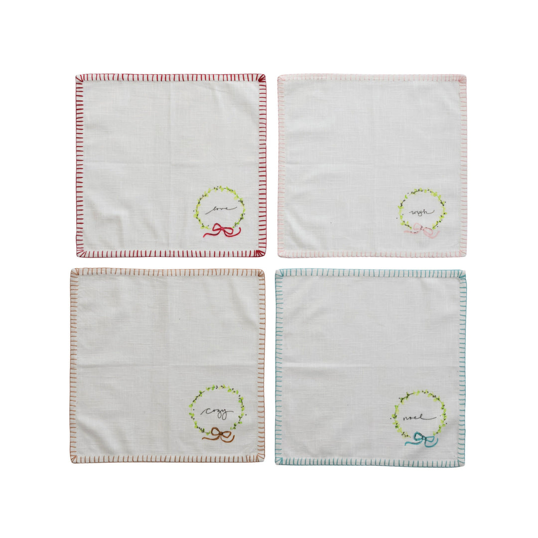 The Holiday ShopCotton Napkins with Holiday Word, Wreath and Blanket Stitch