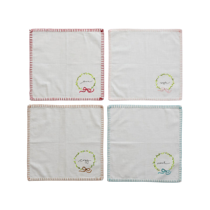 The Holiday ShopCotton Napkins with Holiday Word, Wreath and Blanket Stitch