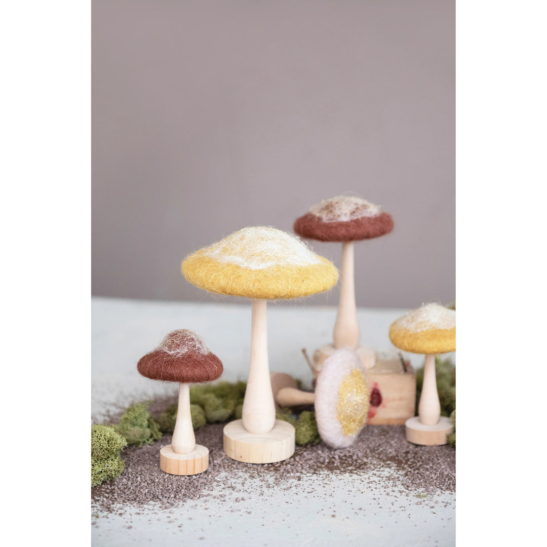 Wool Mushroom with Wood Base and Glitter